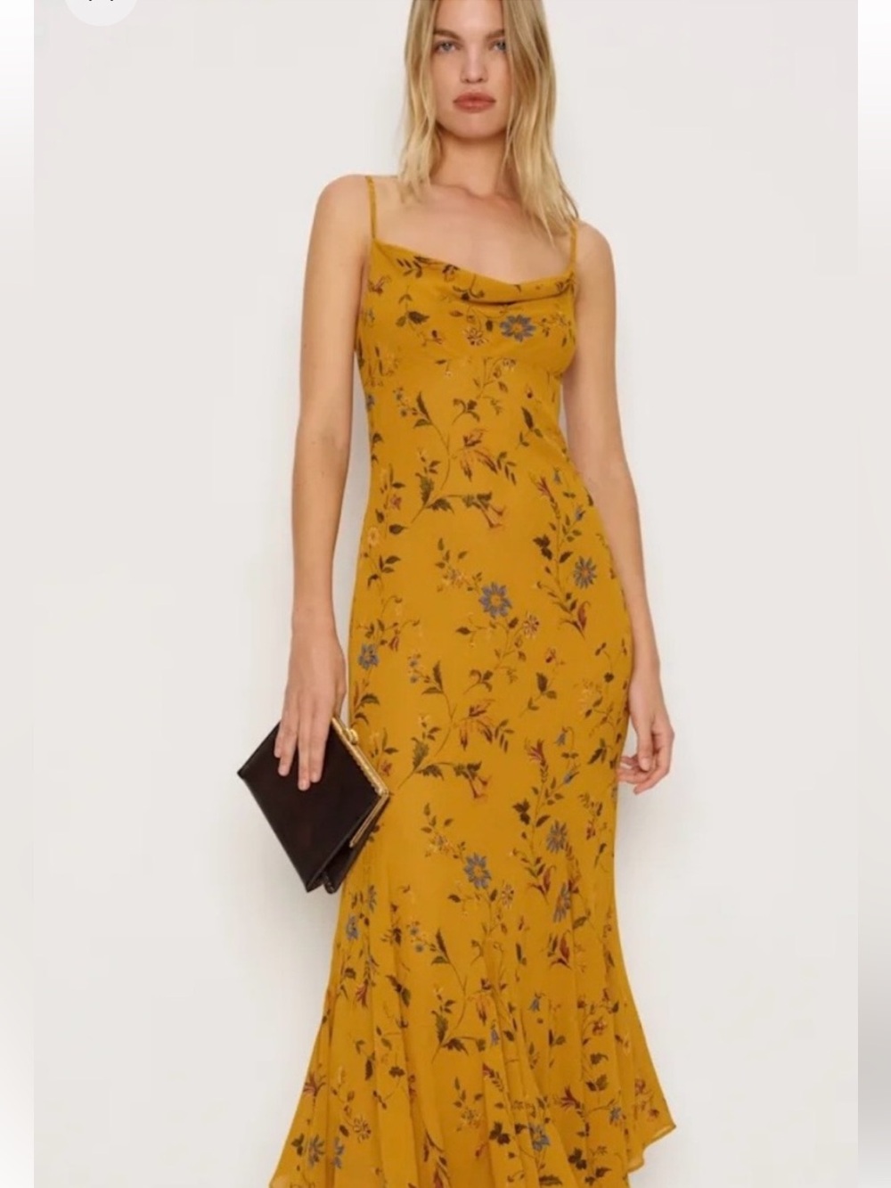 Reformation “ Lluvia” Mustard Floral Slip Maxi Dress